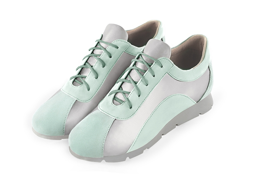 Aquamarine blue and light silver women's two-tone elegant sneakers. Round toe. Flat rubber soles. Front view - Florence KOOIJMAN